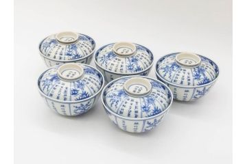 江戸期　大明成化年製　染付　四君子文　漢詩　約12cm　3.9寸　和の趣を感じる蓋付き茶碗5客セット(梅、菊、蘭、竹、川本半助?、蓋茶碗、器、どんぶり、陶器、和食器、3寸9分)(R-078763)