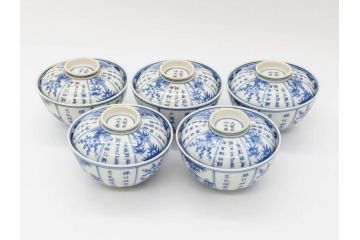 江戸期　大明成化年製　染付　四君子文　漢詩　約12cm　3.9寸　和の趣を感じる蓋付き茶碗5客セット(梅、菊、蘭、竹、川本半助?、蓋茶碗、器、どんぶり、陶器、和食器、3寸9分)(R-078763)