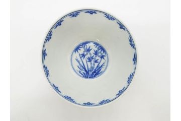 江戸期　大明成化年製　染付　四君子文　漢詩　約12cm　3.9寸　和の趣を感じる蓋付き茶碗5客セット(梅、菊、蘭、竹、川本半助?、蓋茶碗、器、どんぶり、陶器、和食器、3寸9分)(R-078763)