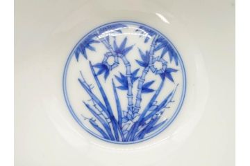 江戸期　大明成化年製　染付　四君子文　漢詩　約12cm　3.9寸　和の趣を感じる蓋付き茶碗5客セット(梅、菊、蘭、竹、川本半助?、蓋茶碗、器、どんぶり、陶器、和食器、3寸9分)(R-078763)