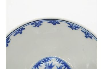 江戸期　大明成化年製　染付　四君子文　漢詩　約12cm　3.9寸　和の趣を感じる蓋付き茶碗5客セット(梅、菊、蘭、竹、川本半助?、蓋茶碗、器、どんぶり、陶器、和食器、3寸9分)(R-078763)