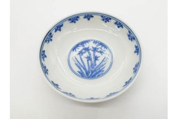 江戸期　大明成化年製　染付　四君子文　漢詩　約12cm　3.9寸　和の趣を感じる蓋付き茶碗5客セット(梅、菊、蘭、竹、川本半助?、蓋茶碗、器、どんぶり、陶器、和食器、3寸9分)(R-078763)