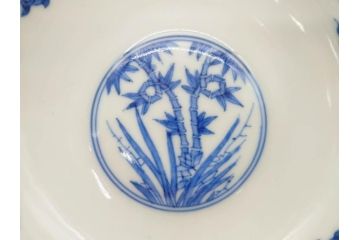 江戸期　大明成化年製　染付　四君子文　漢詩　約12cm　3.9寸　和の趣を感じる蓋付き茶碗5客セット(梅、菊、蘭、竹、川本半助?、蓋茶碗、器、どんぶり、陶器、和食器、3寸9分)(R-078763)