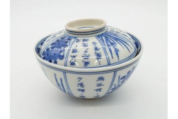 江戸期　大明成化年製　染付　四君子文　漢詩　約12cm　3.9寸　和の趣を感じる蓋付き茶碗5客セット(梅、菊、蘭、竹、川本半助?、蓋茶碗、器、どんぶり、陶器、和食器、3寸9分)(R-078763)