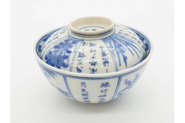 江戸期　大明成化年製　染付　四君子文　漢詩　約12cm　3.9寸　和の趣を感じる蓋付き茶碗5客セット(梅、菊、蘭、竹、川本半助?、蓋茶碗、器、どんぶり、陶器、和食器、3寸9分)(R-078763)
