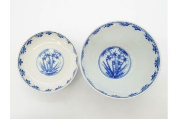 江戸期　大明成化年製　染付　四君子文　漢詩　約12cm　3.9寸　和の趣を感じる蓋付き茶碗5客セット(梅、菊、蘭、竹、川本半助?、蓋茶碗、器、どんぶり、陶器、和食器、3寸9分)(R-078763)
