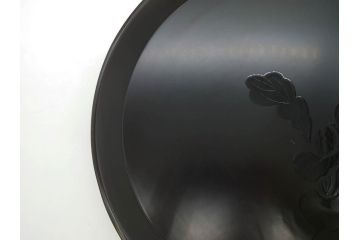 塗師小澤造　艶やかな黒漆塗りが美しい桑名盆(かぶら盆)5枚セット(漆器、木製、丸盆、トレー、トレイ、お盆、袋付き、共箱付き)(R-078765)
