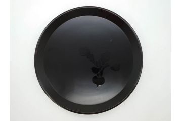 塗師小澤造　艶やかな黒漆塗りが美しい桑名盆(かぶら盆)5枚セット(漆器、木製、丸盆、トレー、トレイ、お盆、袋付き、共箱付き)(R-078765)