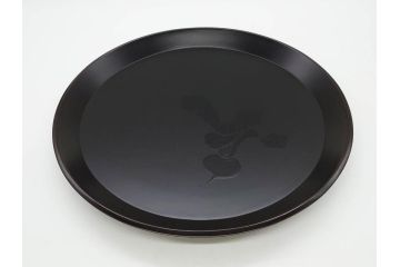 塗師小澤造　艶やかな黒漆塗りが美しい桑名盆(かぶら盆)5枚セット(漆器、木製、丸盆、トレー、トレイ、お盆、袋付き、共箱付き)(R-078765)