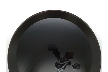 塗師小澤造　艶やかな黒漆塗りが美しい桑名盆(かぶら盆)5枚セット(漆器、木製、丸盆、トレー、トレイ、お盆、袋付き、共箱付き)(R-078765)