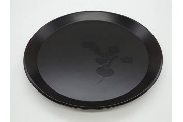 塗師小澤造　艶やかな黒漆塗りが美しい桑名盆(かぶら盆)5枚セット(漆器、木製、丸盆、トレー、トレイ、お盆、袋付き、共箱付き)(R-078765)
