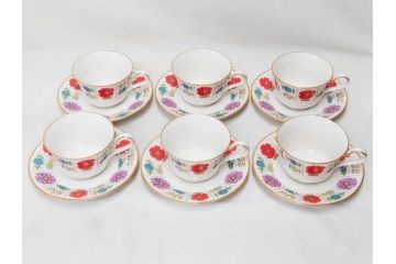 ノリタケ　NORITAKE　アイボリーチャイナ　ポップでレトロな花柄が可愛いカップ&ソーサー6客(フラワー、IVORY China、C&S、碗皿、磁器、洋食器、箱付き)(R-078767)