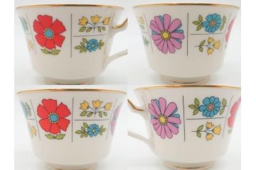 ノリタケ　NORITAKE　アイボリーチャイナ　ポップでレトロな花柄が可愛いカップ&ソーサー6客(フラワー、IVORY China、C&S、碗皿、磁器、洋食器、箱付き)(R-078767)