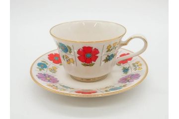 ノリタケ　NORITAKE　アイボリーチャイナ　ポップでレトロな花柄が可愛いカップ&ソーサー6客(フラワー、IVORY China、C&S、碗皿、磁器、洋食器、箱付き)(R-078767)