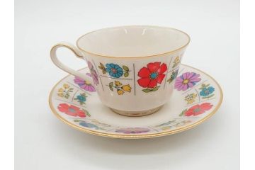 ノリタケ　NORITAKE　アイボリーチャイナ　ポップでレトロな花柄が可愛いカップ&ソーサー6客(フラワー、IVORY China、C&S、碗皿、磁器、洋食器、箱付き)(R-078767)