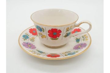 ノリタケ　NORITAKE　アイボリーチャイナ　ポップでレトロな花柄が可愛いカップ&ソーサー6客(フラワー、IVORY China、C&S、碗皿、磁器、洋食器、箱付き)(R-078767)