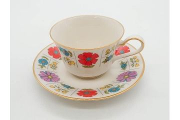 ノリタケ　NORITAKE　アイボリーチャイナ　ポップでレトロな花柄が可愛いカップ&ソーサー6客(フラワー、IVORY China、C&S、碗皿、磁器、洋食器、箱付き)(R-078767)