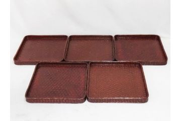 藍胎漆器　木製　竹細工　細やかな網代模様が高級感を感じさせる四方盆5枚セット(らんたい漆器、お盆、四角、角盆、お膳、銘々盆、竹編、竹籠、竹細工、袋付き)(R-078768)　