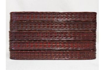 藍胎漆器　木製　竹細工　細やかな網代模様が高級感を感じさせる四方盆5枚セット(らんたい漆器、お盆、四角、角盆、お膳、銘々盆、竹編、竹籠、竹細工、袋付き)(R-078768)　