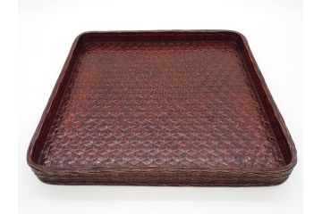 藍胎漆器　木製　竹細工　細やかな網代模様が高級感を感じさせる四方盆5枚セット(らんたい漆器、お盆、四角、角盆、お膳、銘々盆、竹編、竹籠、竹細工、袋付き)(R-078768)　