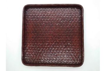 藍胎漆器　木製　竹細工　細やかな網代模様が高級感を感じさせる四方盆5枚セット(らんたい漆器、お盆、四角、角盆、お膳、銘々盆、竹編、竹籠、竹細工、袋付き)(R-078768)　