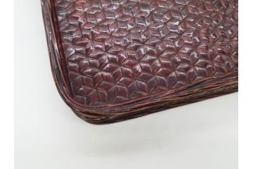 藍胎漆器　木製　竹細工　細やかな網代模様が高級感を感じさせる四方盆5枚セット(らんたい漆器、お盆、四角、角盆、お膳、銘々盆、竹編、竹籠、竹細工、袋付き)(R-078768)　