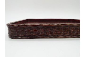藍胎漆器　木製　竹細工　細やかな網代模様が高級感を感じさせる四方盆5枚セット(らんたい漆器、お盆、四角、角盆、お膳、銘々盆、竹編、竹籠、竹細工、袋付き)(R-078768)　