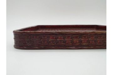 藍胎漆器　木製　竹細工　細やかな網代模様が高級感を感じさせる四方盆5枚セット(らんたい漆器、お盆、四角、角盆、お膳、銘々盆、竹編、竹籠、竹細工、袋付き)(R-078768)　