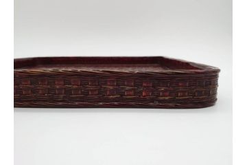 藍胎漆器　木製　竹細工　細やかな網代模様が高級感を感じさせる四方盆5枚セット(らんたい漆器、お盆、四角、角盆、お膳、銘々盆、竹編、竹籠、竹細工、袋付き)(R-078768)　
