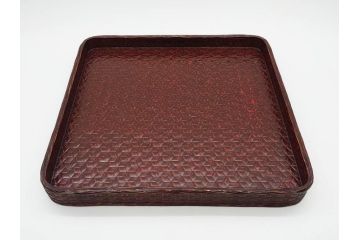 藍胎漆器　木製　竹細工　細やかな網代模様が高級感を感じさせる四方盆5枚セット(らんたい漆器、お盆、四角、角盆、お膳、銘々盆、竹編、竹籠、竹細工、袋付き)(R-078768)　