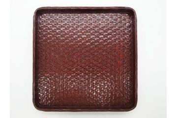 藍胎漆器　木製　竹細工　細やかな網代模様が高級感を感じさせる四方盆5枚セット(らんたい漆器、お盆、四角、角盆、お膳、銘々盆、竹編、竹籠、竹細工、袋付き)(R-078768)　