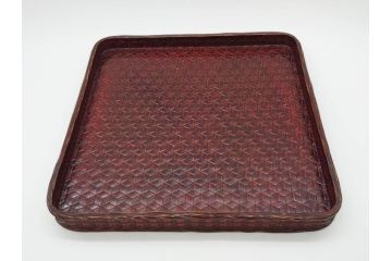 藍胎漆器　木製　竹細工　細やかな網代模様が高級感を感じさせる四方盆5枚セット(らんたい漆器、お盆、四角、角盆、お膳、銘々盆、竹編、竹籠、竹細工、袋付き)(R-078768)　