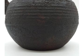 大正期　加藤忠三郎　紫金堂　銀環摘　砲口丸形　時を重ねた趣のある鉄瓶(湯沸、湯瓶、茶道具、茶器、共箱付き)(R-078772)