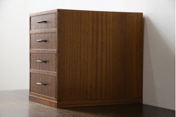 中古　指物家具　漆塗り　総桐材　前板の網代(あじろ)細工がお洒落な小引き出し(小物収納、卓上収納)(定価約15万円)(R-078785)