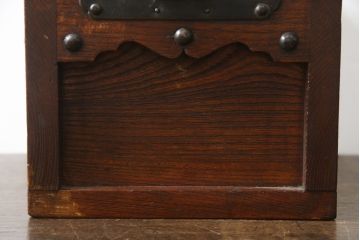 和製アンティーク　欅(ケヤキ)材　美しい木目と立派な金具が目を惹く銭箱(銭函)(R-078792)