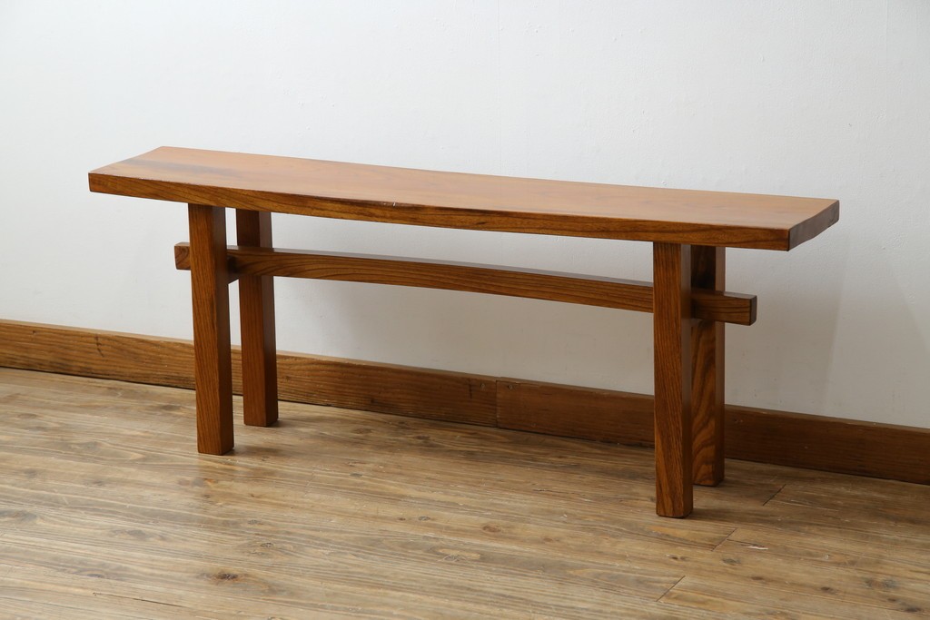 和製アンティーク　極厚天板　総欅(ケヤキ)材　木の風合いを生かしたシンプルなデザインの一枚板ベンチ　(R-078804)