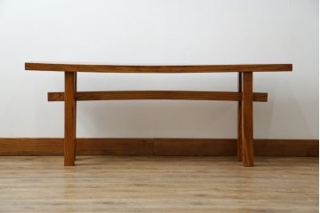 和製アンティーク　極厚天板　総欅(ケヤキ)材　木の風合いを生かしたシンプルなデザインの一枚板ベンチ　(R-078804)