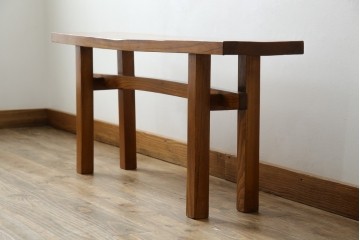 和製アンティーク　極厚天板　総欅(ケヤキ)材　木の風合いを生かしたシンプルなデザインの一枚板ベンチ　(R-078804)