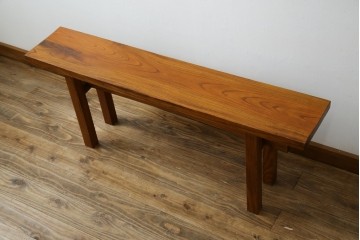 和製アンティーク　極厚天板　総欅(ケヤキ)材　木の風合いを生かしたシンプルなデザインの一枚板ベンチ　(R-078804)