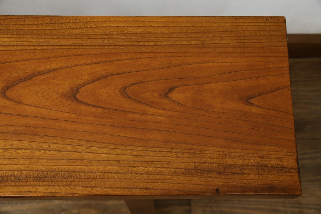 和製アンティーク　極厚天板　総欅(ケヤキ)材　木の風合いを生かしたシンプルなデザインの一枚板ベンチ　(R-078804)