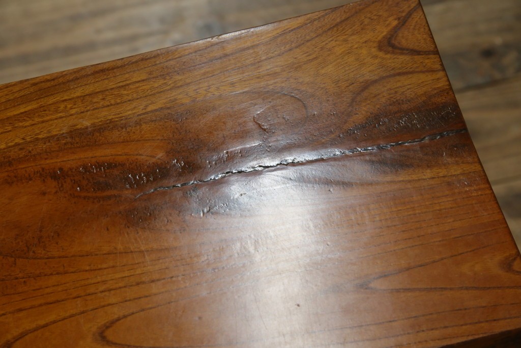 和製アンティーク　極厚天板　総欅(ケヤキ)材　木の風合いを生かしたシンプルなデザインの一枚板ベンチ　(R-078804)