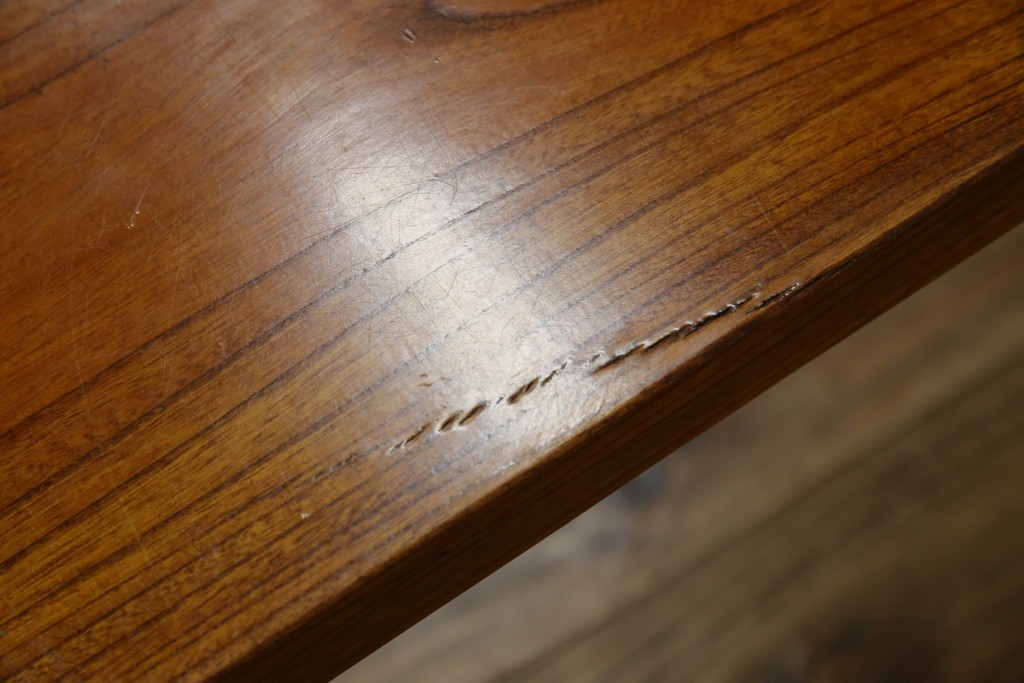 和製アンティーク　極厚天板　総欅(ケヤキ)材　木の風合いを生かしたシンプルなデザインの一枚板ベンチ　(R-078804)