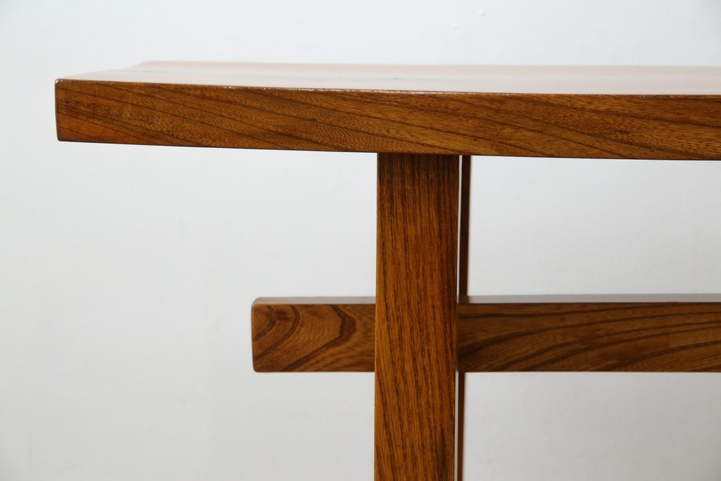 和製アンティーク　極厚天板　総欅(ケヤキ)材　木の風合いを生かしたシンプルなデザインの一枚板ベンチ　(R-078804)