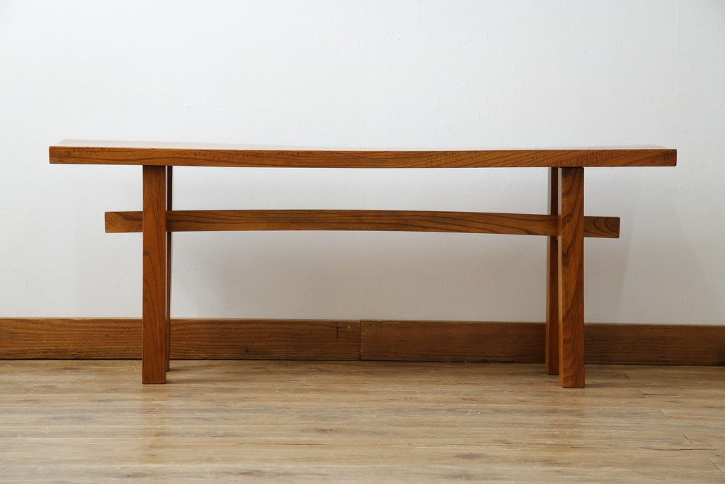 和製アンティーク　極厚天板　総欅(ケヤキ)材　木の風合いを生かしたシンプルなデザインの一枚板ベンチ　(R-078804)