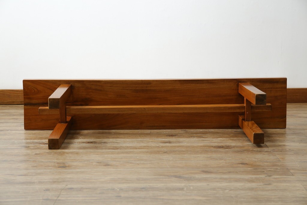 和製アンティーク　極厚天板　総欅(ケヤキ)材　木の風合いを生かしたシンプルなデザインの一枚板ベンチ　(R-078804)