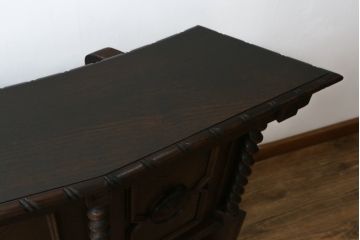 イギリスビンテージ　希少　オーク材　2way　シックな佇まいで大人な雰囲気を醸し出すキャビネットとキャスター付きバーカウンターのセット(収納棚、戸棚、食器棚、カップボード、カウンターテーブル、ヴィンテージ、英国)(R-078817)
