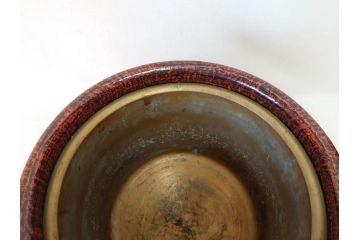 明治期　時代物　上手物　彫刻　鎌倉彫り　菊文　匠の技が光る彫刻が美しい火鉢(漆器、木製、丸火鉢、手あぶり)(R-078823)