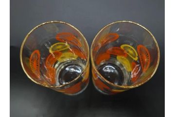 昭和レトロ　レモン　オレンジ　ノスタルジックな雰囲気がおしゃれなグラス12点セット(タンブラー、コップ、ガラス、硝子、二色、果物、箱付き、金彩)(R-078826)