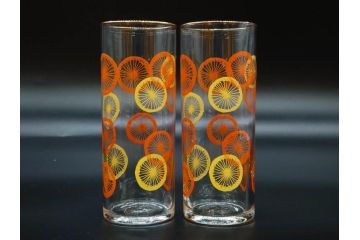 昭和レトロ　レモン　オレンジ　食卓に彩を与えるグラス11点セット(タンブラー、コップ、ガラス、硝子、二色、果物、箱付き、金彩)(R-078827)