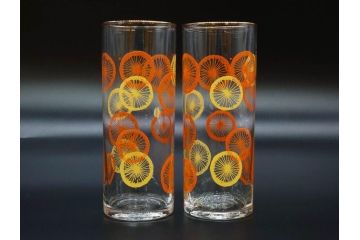 昭和レトロ　レモン　オレンジ　食卓に彩を与えるグラス11点セット(タンブラー、コップ、ガラス、硝子、二色、果物、箱付き、金彩)(R-078827)